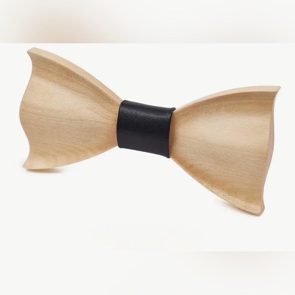 Wooden Bow Tie with Black leather Center
